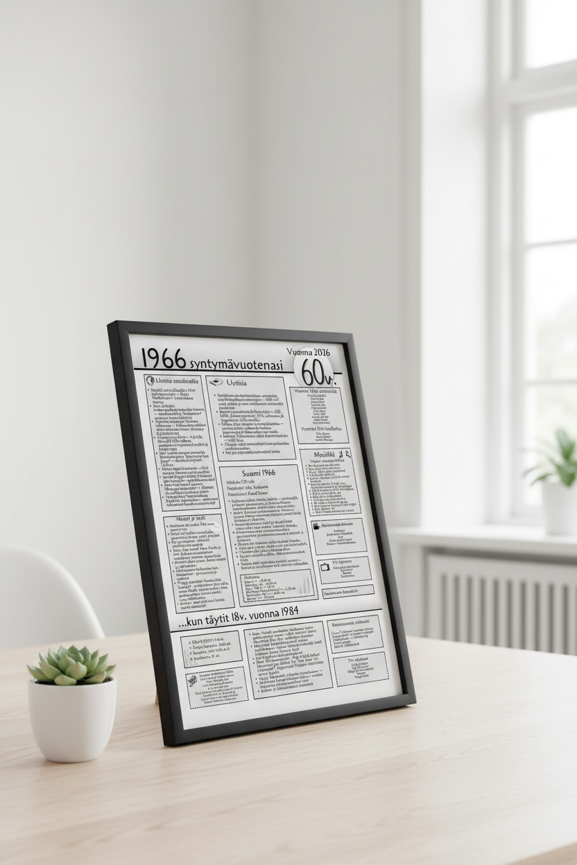 Syntymävuosijuliste 60v (s. 1966) kehyksissä pöydällä