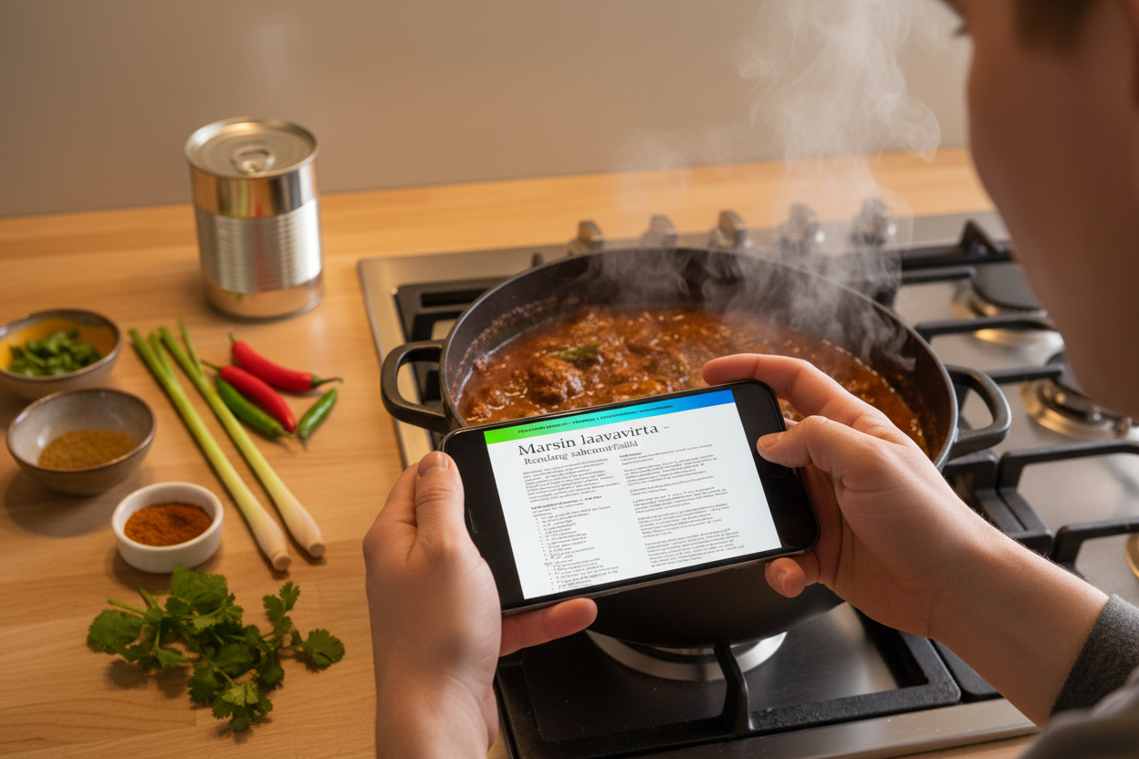 Marsin laavavirta rendang-resepti käsillä ja puhelimella keittiössä