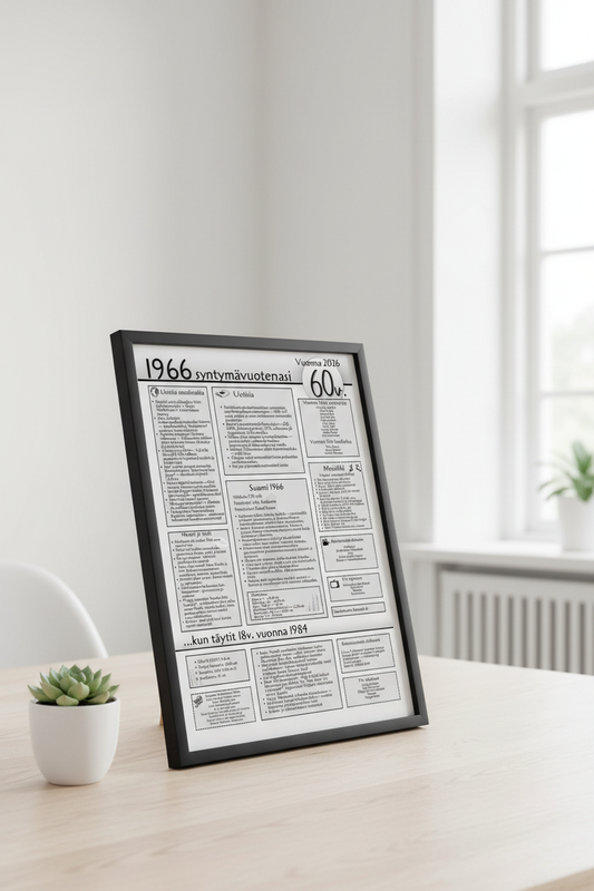 Syntymävuosijuliste 60v (s. 1966) kehyksissä pöydällä