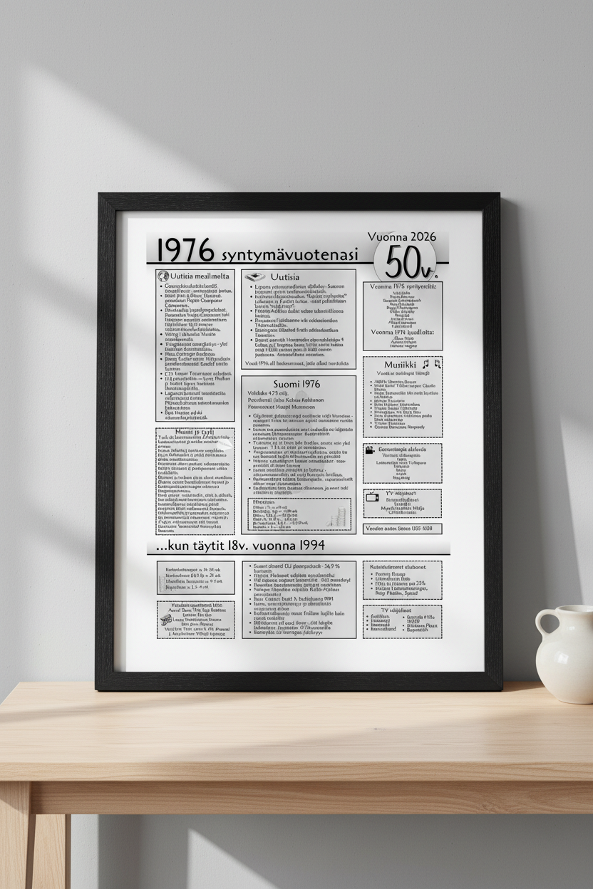 Syntymävuosijuliste 50v. (s. 1976) kehyksissä pöydällä