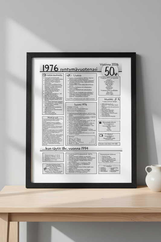 Syntymävuosijuliste 50v. (s. 1976) kehyksissä pöydällä