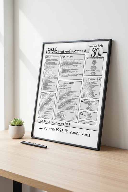 Syntymävuosijuliste 30v kehyksissä pöydällä