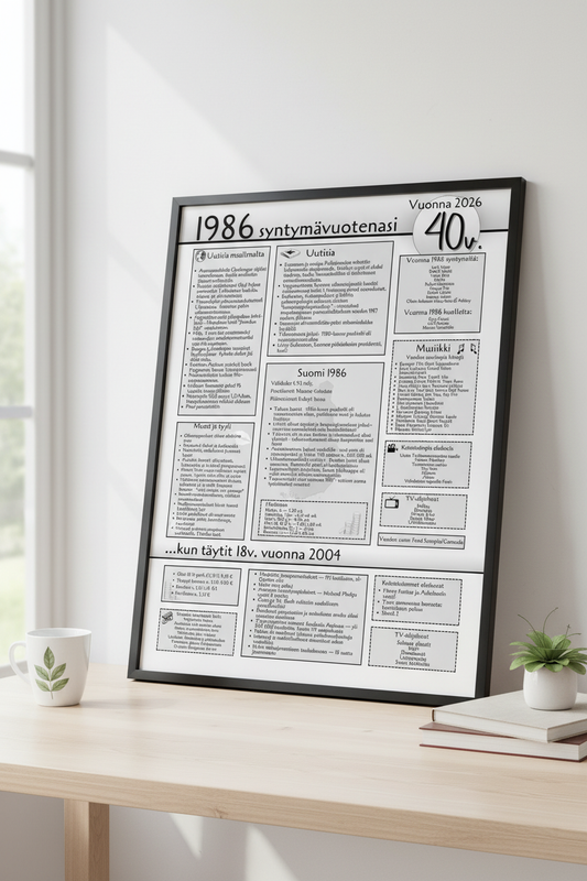 Syntymävuosijuliste 40v kehyksissä pöydällä